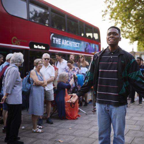 The Architect, co-produced by Greenwich+Docklands International Festival and Actors Touring Company runs in South East London until Sunday 10 September. Cast: Karl Collins – The Architect
Llewella Gideon – The Conductor
Danielle Kassarate – Female Lover
Daniel Ward – Male Lover
Dalumuzi Moyo – Boy 1
Omar Austin – Boy 2
Doreene Blackstock – A Mother
Shayde Sinclair – Niece. London. Photograph by David Levene 6/9/23