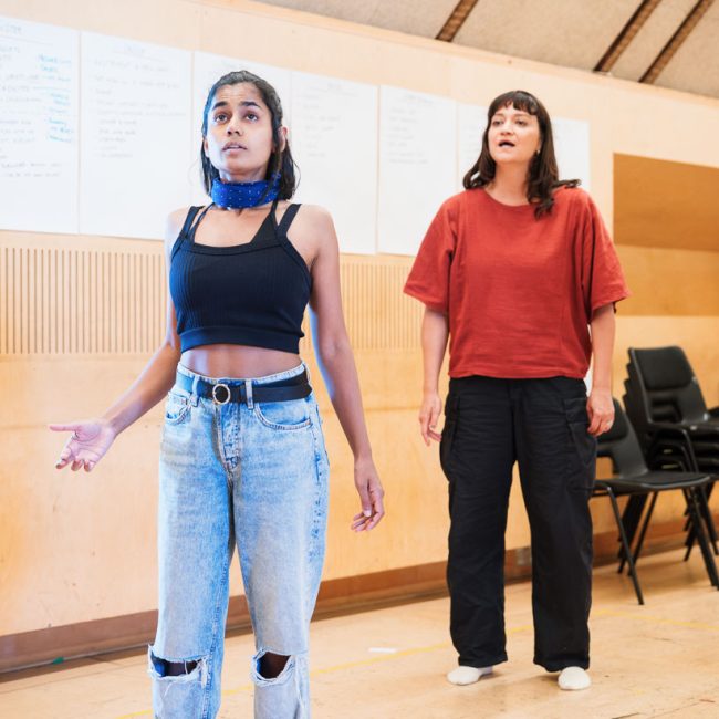 Linnea Berthelsen and Movement Director Anjali Mehra in rehearsal for Darkling at the Bush Theatre