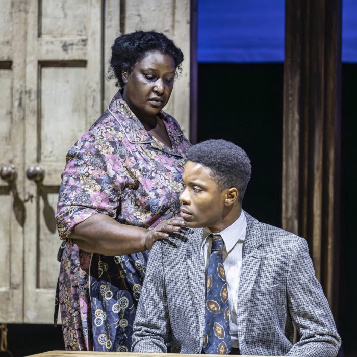 Marcia Mantack (Miss Jewel) and Rhys Stephenson (Michael) in Small Island. Pamela Raith Photography