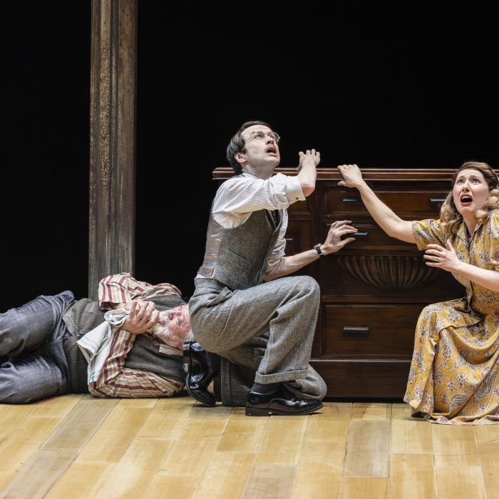 Paul Hawkyard (Arthur), Mark Arends (Bernard) and Bronté Barbé (Queenie) in Small Island. Pamela Raith Photography